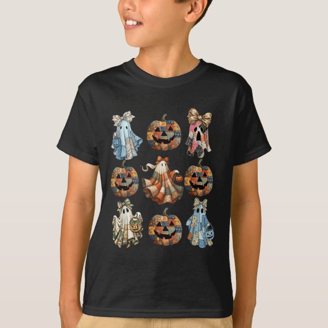 T-shirt Halloween Coquette Bow Citrouille Ghost Patchwork  (Devant)