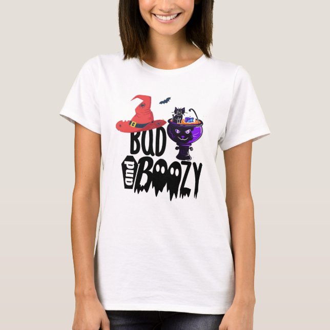 T-shirt Halloween Costume Tee, Chat Witch Bad & Boozy (Devant)