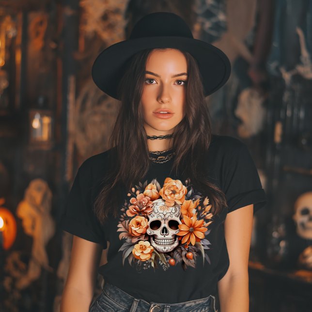 T-shirt Halloween crâne vintage de sucre (Halloween Floral Sugar Skull)