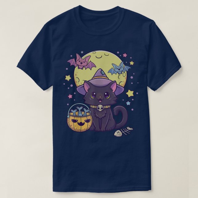 T-shirt Halloween Cute Black Chat Kawaii Pastel Goth Witch (Design devant)
