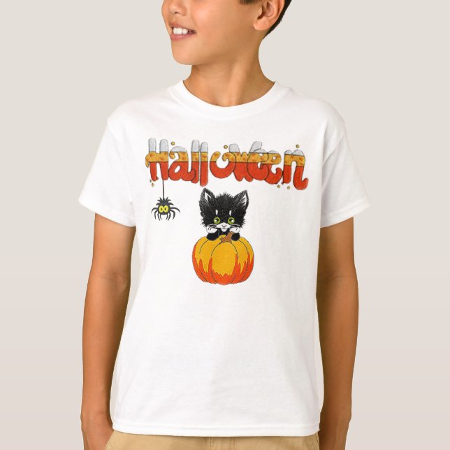 T-shirt Halloween Cute Chat sur Citrouille (Devant)