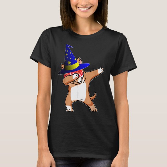 T-shirt Halloween Dabbing Wizard Pitbull Puppy Chien sorci (Devant)