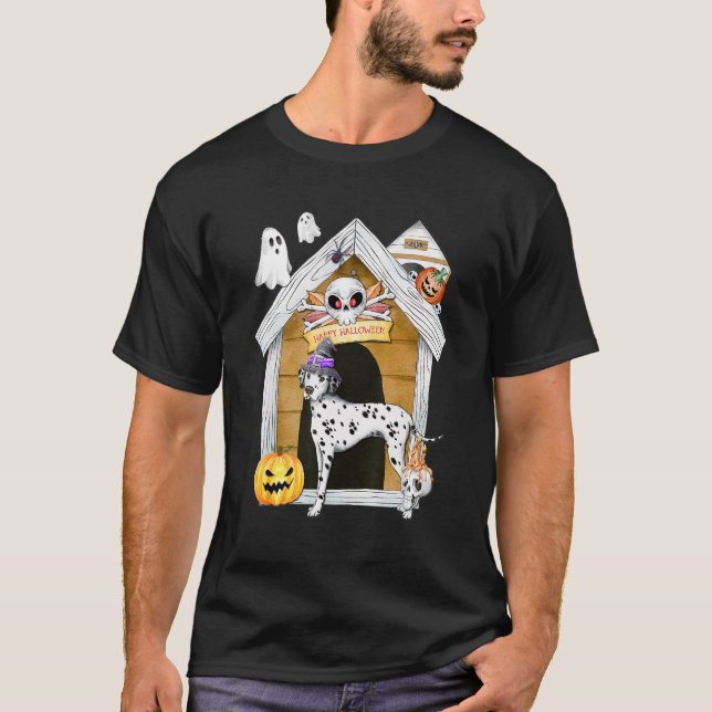 T-shirt Halloween Dalmatian Dog Witch Haunted House (Devant)