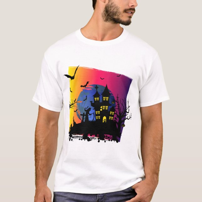 T-shirt Halloween design déplaisant avec maison hantée sor (Devant)