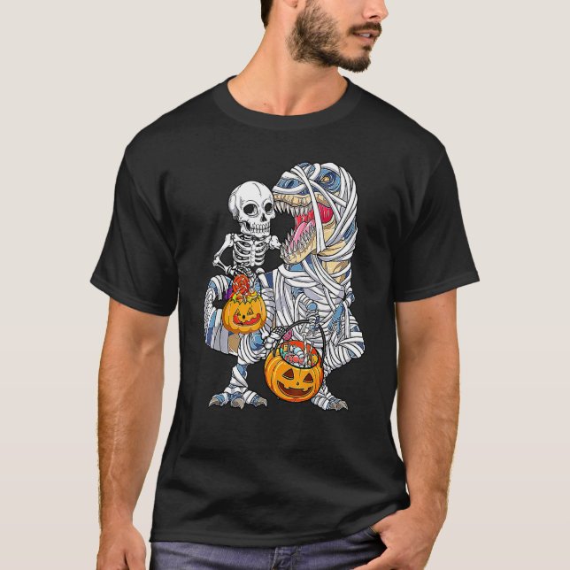 T-shirt Halloween Dinosaur Rex Skeleton Riding Mummy Pumpk (Devant)