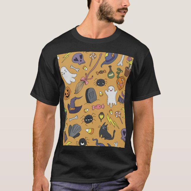 T-shirt Halloween Doodle Objets Motif sans couture (Devant)