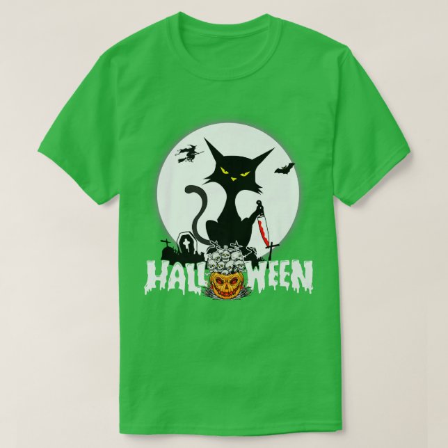 T-shirt Halloween drôle Chat Citrouille Lune nuit (Design devant)