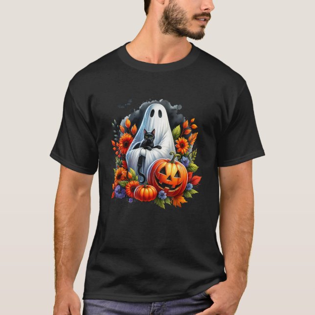 T-shirt Halloween Éffrayant Fantôme noir Chat Citrouille d (Devant)