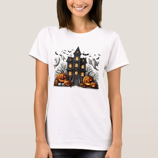 T-shirt Halloween éffrayante avec citrouilles et fantômes (Devant)