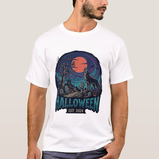 T-shirt Halloween Est Howling Wolf Red Moon Zombie Hand_1 (Devant)