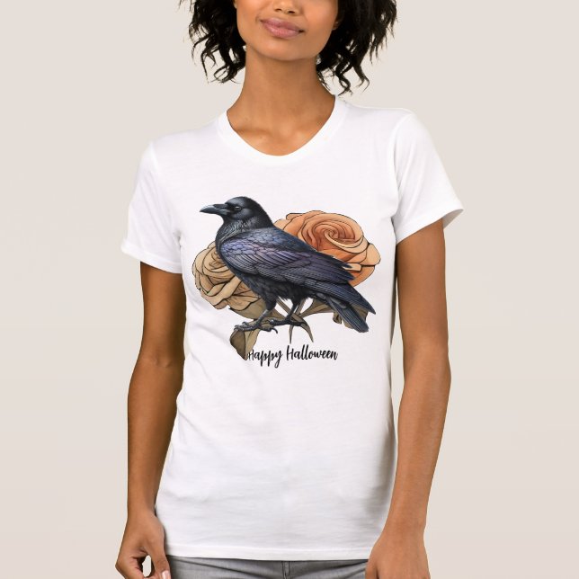 T-shirt Halloween Evil Black Crow Orange Fleurs Femmes (Devant)