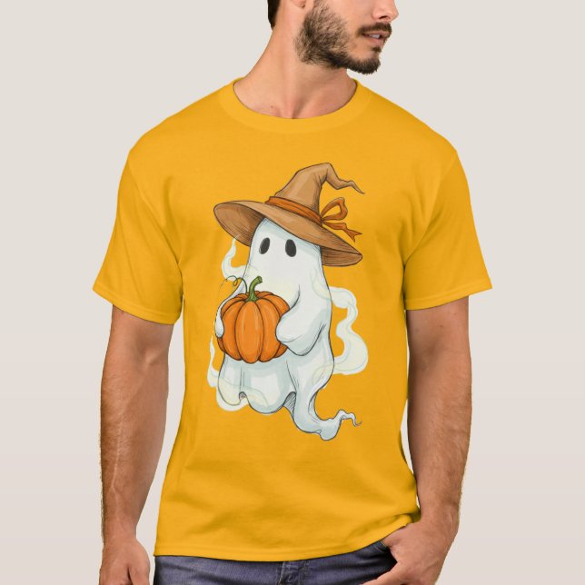 T-shirt Halloween Fantôme d'automne avec Citrouille (Devant)