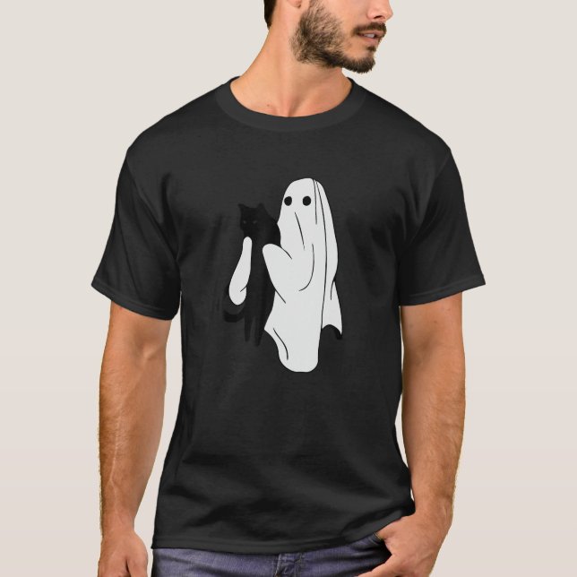 T-shirt Halloween Fantôme Holding Chat Noir Aimer Mer Éffr (Devant)