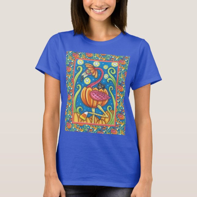 T-SHIRT HALLOWEEN FLAMANT ROSE ROSE & CHAT NOIR EN CITROUI (Devant)