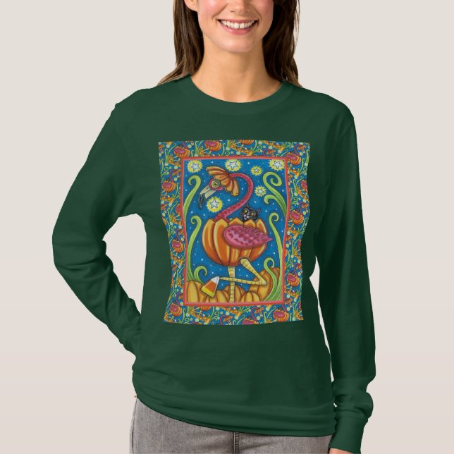 T-SHIRT HALLOWEEN FLAMANT ROSE ROSE & CHAT NOIR EN CITROUI (Devant)
