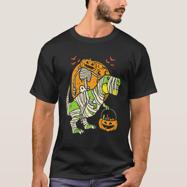 T-shirt Halloween For Boys Kids Skeleton Riding Mummy Dino (Devant)