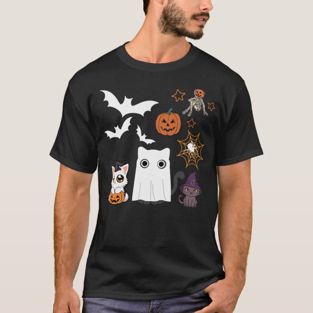 T-shirt halloween for Cat Cute Kitten Skeleton Ghost Funny (Devant)