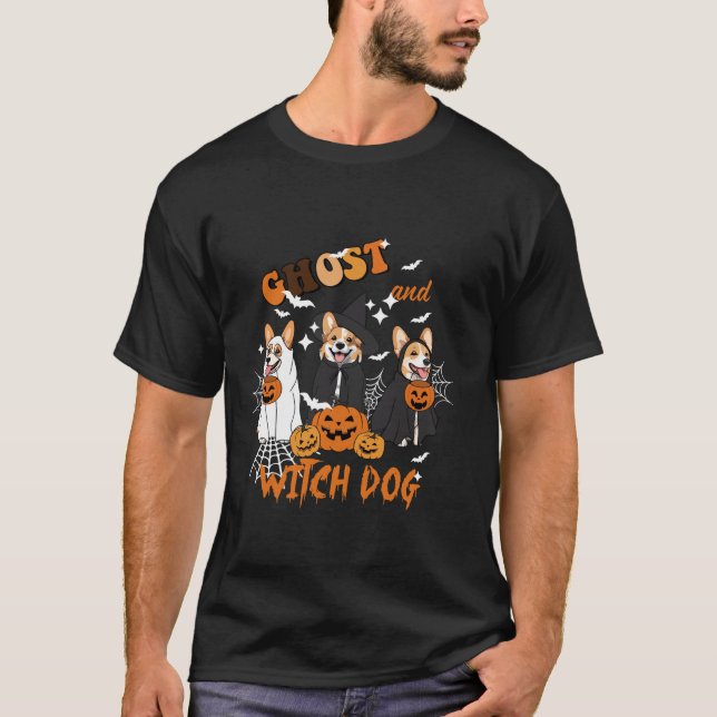 T-shirt Halloween Funny Hallowee Fantôme Et Sorcière Corgi (Devant)