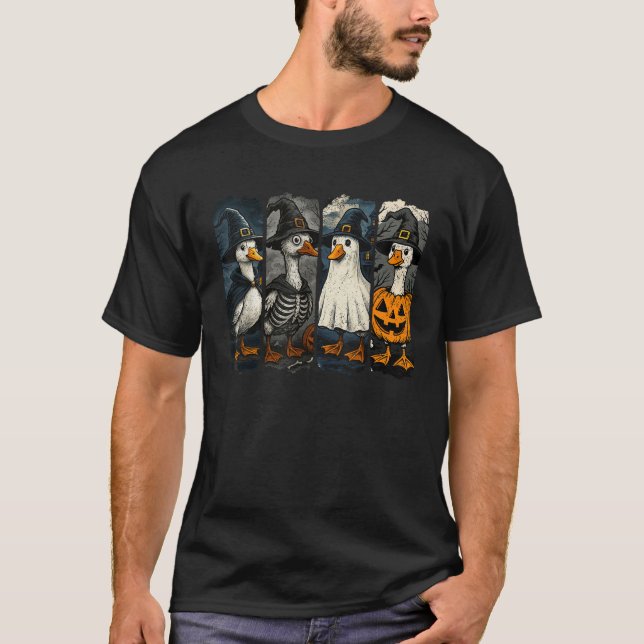 T-shirt Halloween Funny Silly Goose Witch Skeleton Ghost P (Devant)