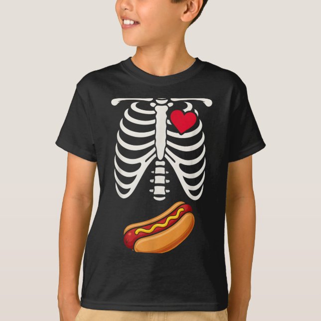 T-shirt Halloween Funny Skeleton Ribcage Hotdog Food Lover (Devant)