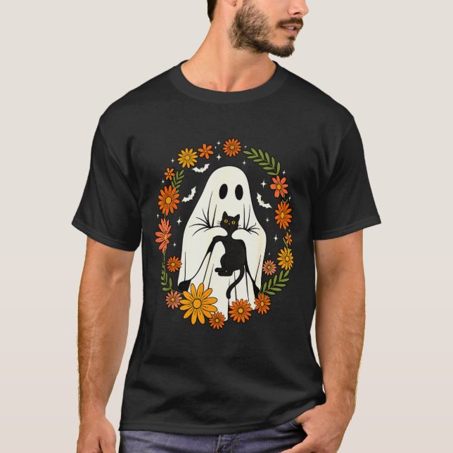 T-shirt Halloween Ghost Black Cat Cute Funny  (Devant)