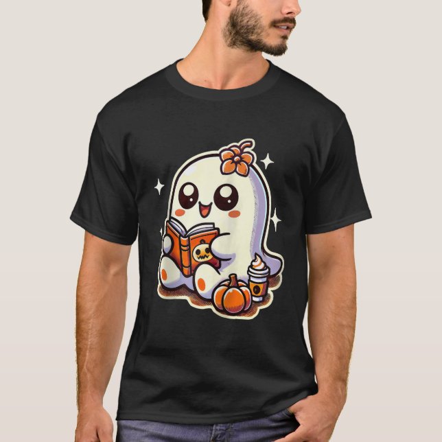T-shirt Halloween Ghost Book Citrouille Café Automne Cute  (Devant)