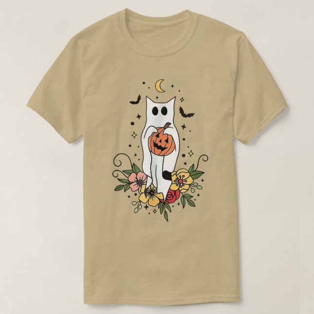 T-shirt Halloween Ghost Chat Citrouille effrayant Floral A (Design devant)
