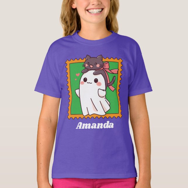 T-shirt Halloween Ghost Cute Black Cat in Bow Custom Kids (Devant)
