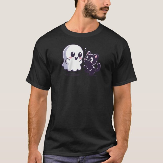 T-shirt Halloween Ghost Cute Chat Éffrayant Automne Friend (Devant)