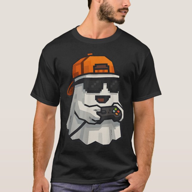 T-shirt Halloween Ghost Gamer Funny Pixel Video Gaming Boy (Devant)