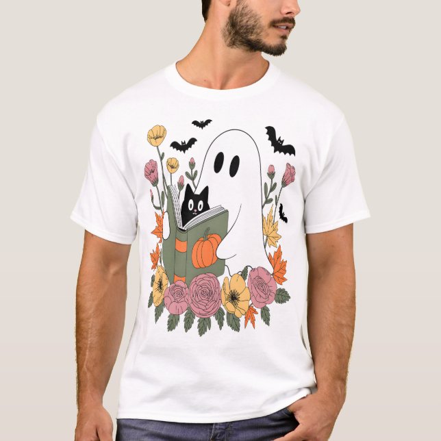T-shirt Halloween Ghost Reading Book Cat (Devant)