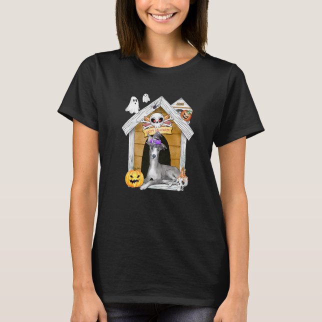 T-shirt Halloween Greyhound Dog Witch Haunted House (Devant)