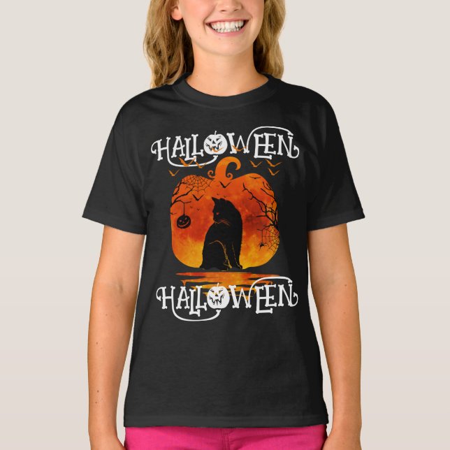 T-SHIRT HALLOWEEN HALLOWEEN CHAT CITROUILLE NOIR (Devant)