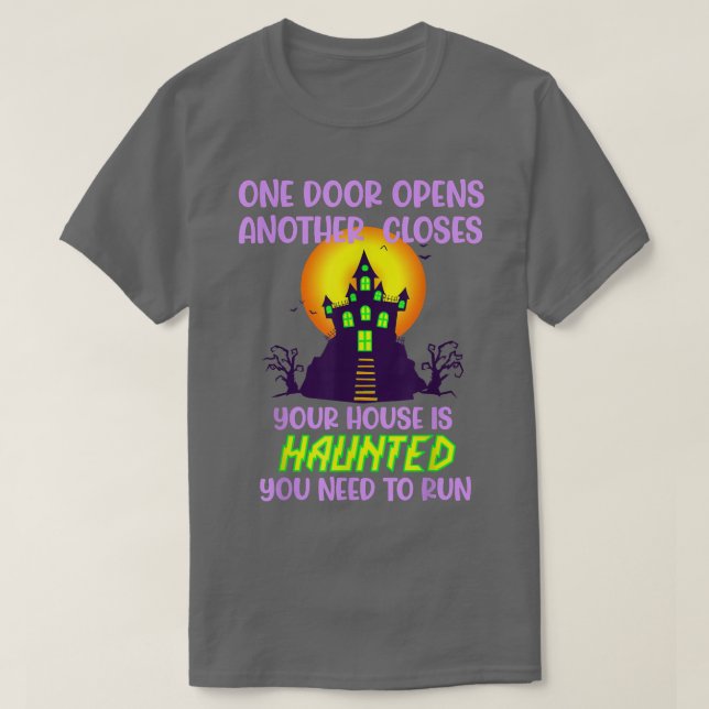 T-shirt Halloween haunted run doors open closes scary hous (Design devant)