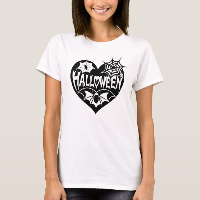 T-shirt Halloween Heart, Black Heart Shape, Spider Web (Devant)