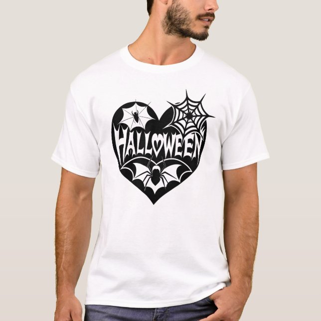 T-shirt Halloween Heart, Black Heart Shape, Spider Web (Devant)