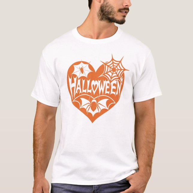 T-shirt Halloween Heart, Orange Heart Shape, Spider Web (Devant)