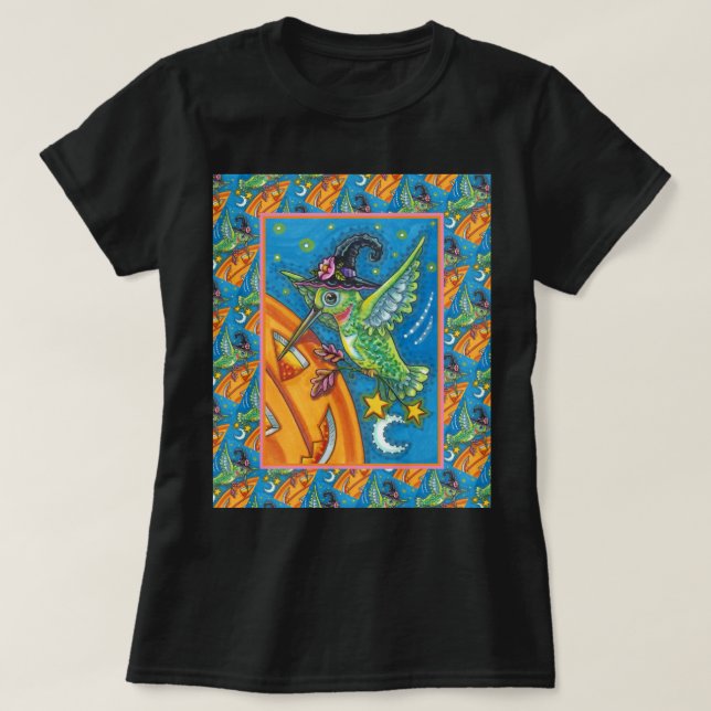 T-SHIRT HALLOWEEN HUMMINGBIRD & JACK-O'-LANTERN WHIMSY (Design devant)