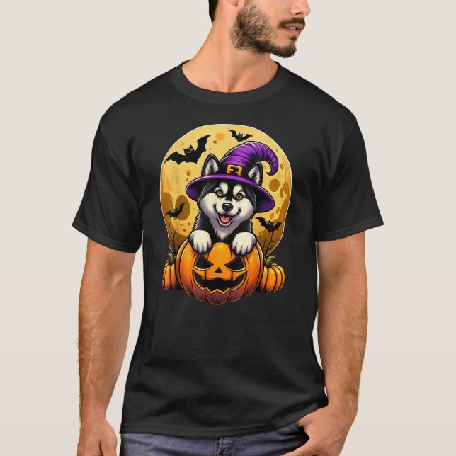 T-shirt Halloween Husky Witch Hat Pumpkin Dog Lover Men Wo (Devant)