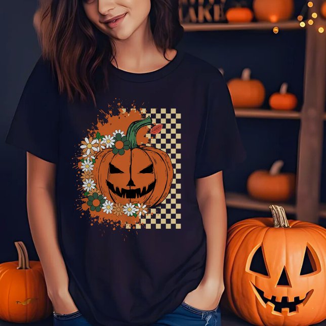 T-shirt Halloween Jack-o-lanterne avec Checkers et Fleurs (Créateur téléchargé)