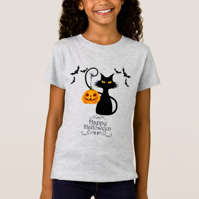 T-Shirt Halloween Kitty avec Citrouille (Devant)