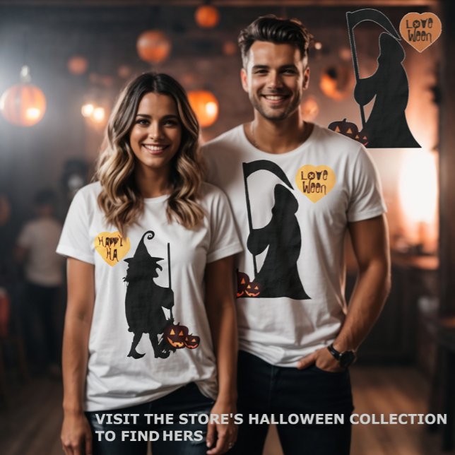 T-shirt Halloween La Faucheuse Hauntingly dans l'amour (Halloween funny couples matching tee. The reaper and the witch. )