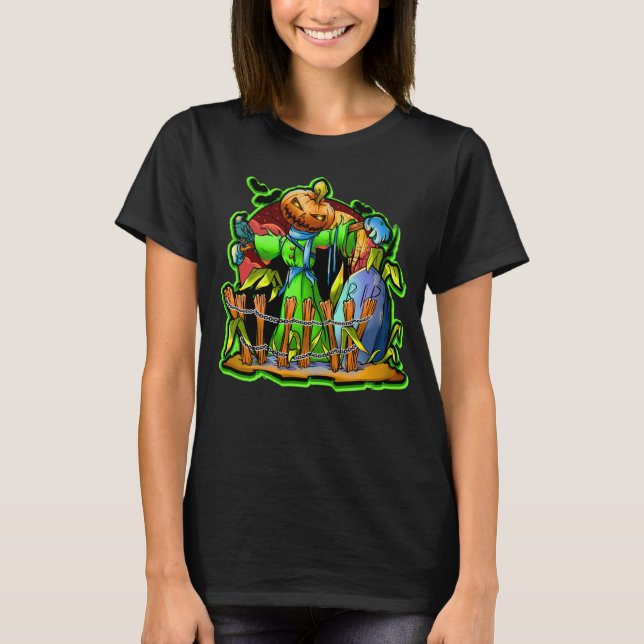 T-shirt Halloween Lady Scarecrow Citrouille Head RIP Bats (Devant)