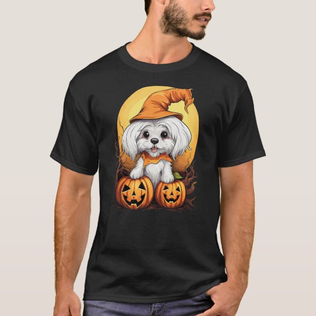 T-shirt Halloween Maltese Dog Pumpkin (Devant)