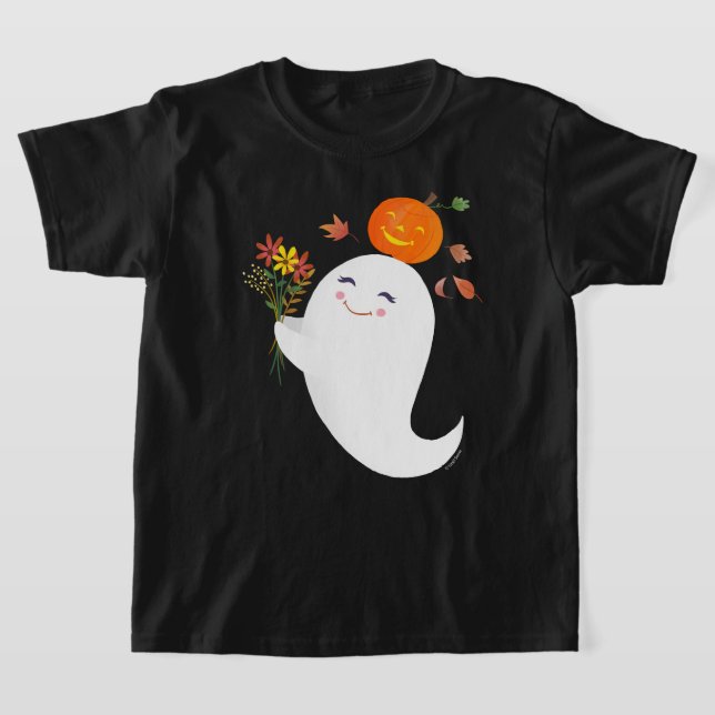 T-shirt Halloween mignon fantôme noir enfant (Poser)