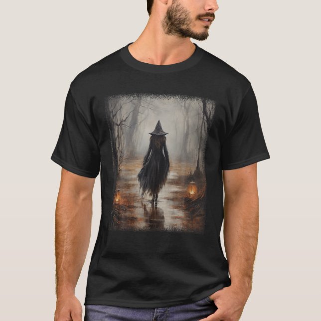T-shirt Halloween Mystical Beautiful Witch Walking Forest (Devant)
