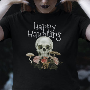 T-shirt Halloween Noir Crâne Épouvantable Fleur Rose Femme