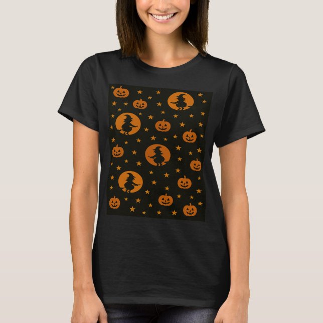 T-shirt Halloween Orange Flying Witch and Pumpkins (Devant)