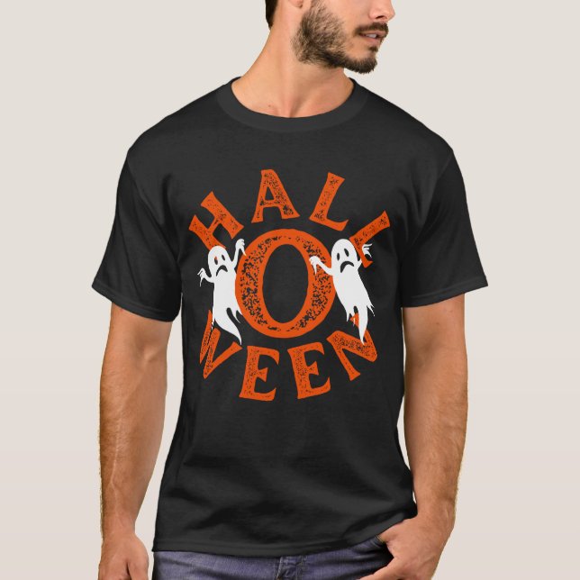 T-shirt Halloween Orange Typographie fantômes (Devant)