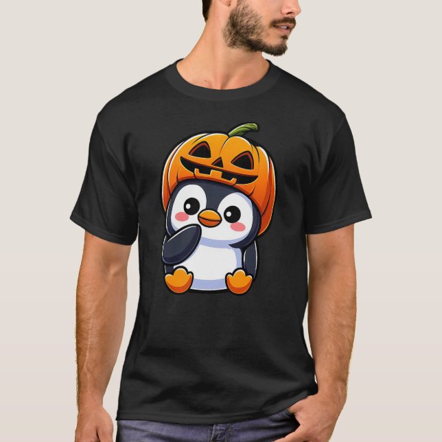 T-shirt Halloween Penguin Pumpkin Hat (Devant)